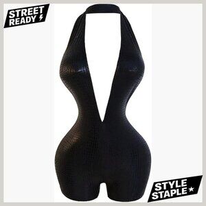 Faux Leather Halter V-Neck Romper Open Back Bodycon Jumpsuit Medium